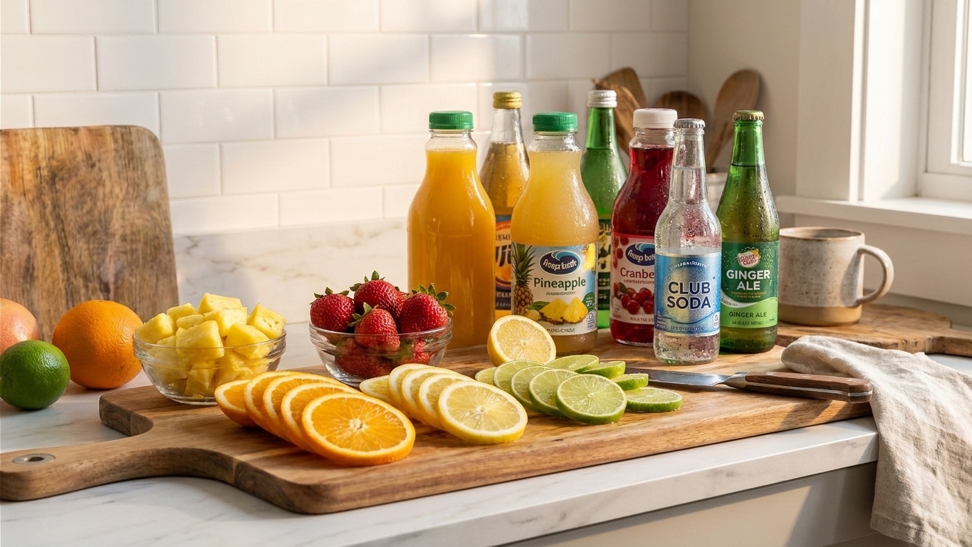 Oranges, limes, lemon, pineapple chunks, strawberries, and bottles of juice and soda arranged on a clean kitchen counter