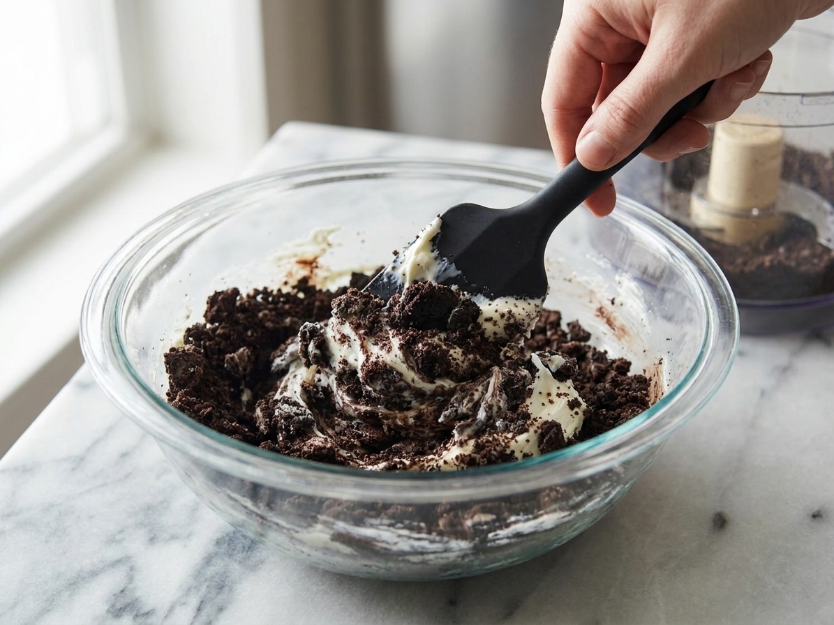 Oreo cookie crumbs and cream cheese being mixed together in a glass bowl with a rubber spatula on a bright kitchen counter