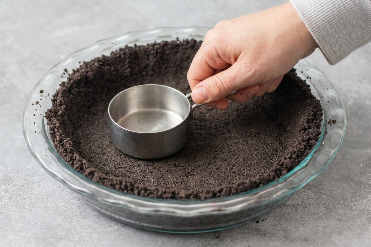 Oreo cookie crumbs being pressed into a glass pie dish using a flat-bottomed measuring cup on a bright kitchen counter
