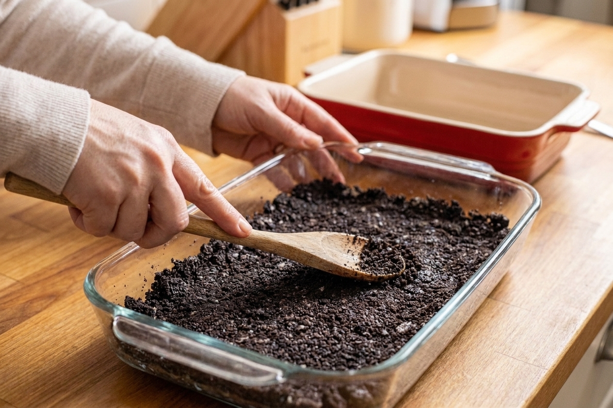 Oreo cookie crumbs pressed into an even layer in a 9x13-inch glass baking dish on a kitchen counter