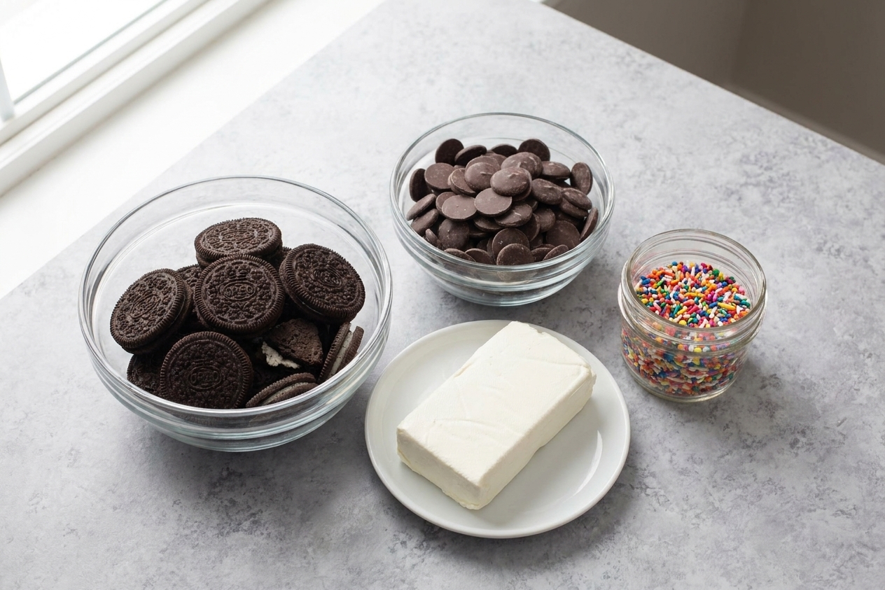 Oreo cookies, a block of cream cheese, chocolate wafers, and sprinkles laid out on a bright kitchen counter, ready for truffle prep
