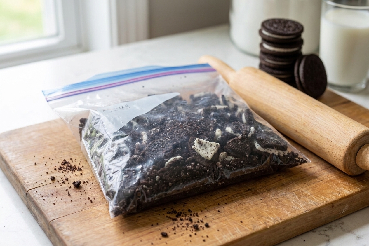 Oreo cookies in a zip-top bag, partially crushed into a mix of crumbs and small chunks on a wooden cutting board