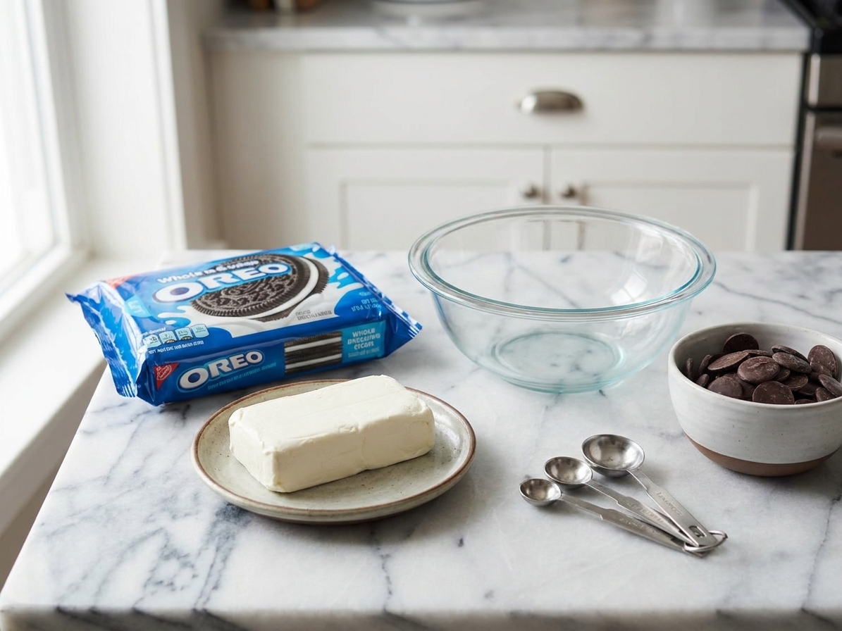 Oreos, a block of cream cheese, and chocolate wafers arranged on a clean kitchen counter with a mixing bowl and measuring spoons nearby