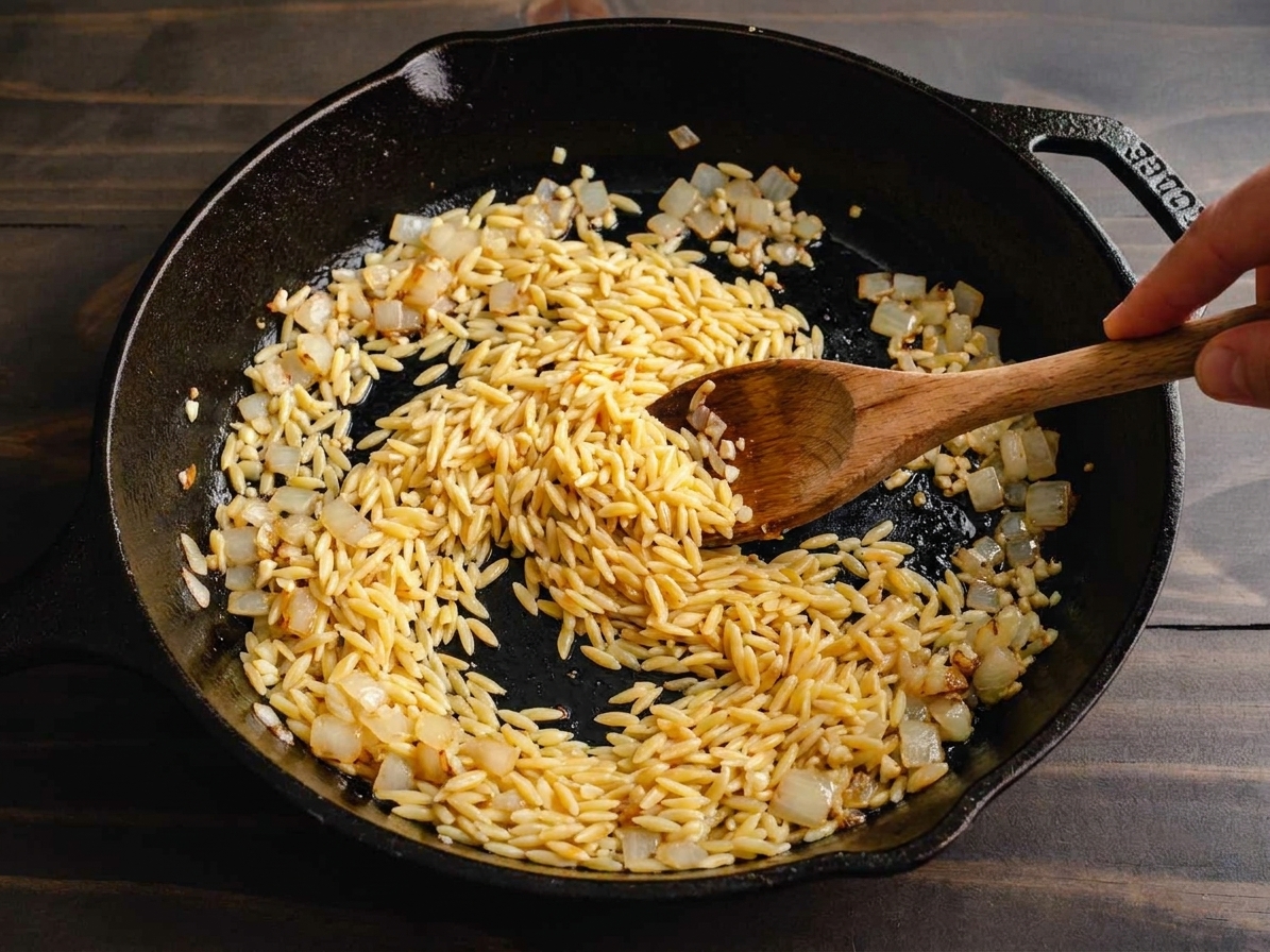Orzo being stirred in a skillet with onions and garlic, lightly toasting before liquid is added