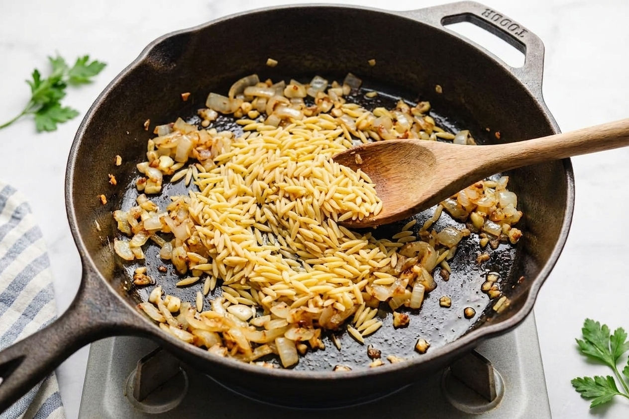 Orzo being stirred in a skillet with sautéed onions and garlic before liquid is added