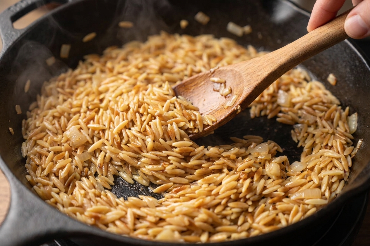 Orzo being stirred in a skillet with sautéed onions and garlic, lightly toasted and glossy