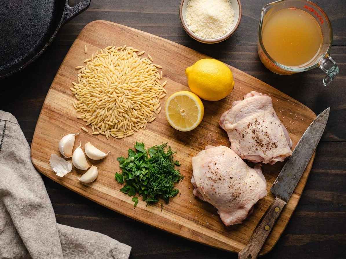 Orzo, garlic, lemons, chicken thighs, chicken broth, Parmesan, and herbs arranged on a clean kitchen counter with a cutting board