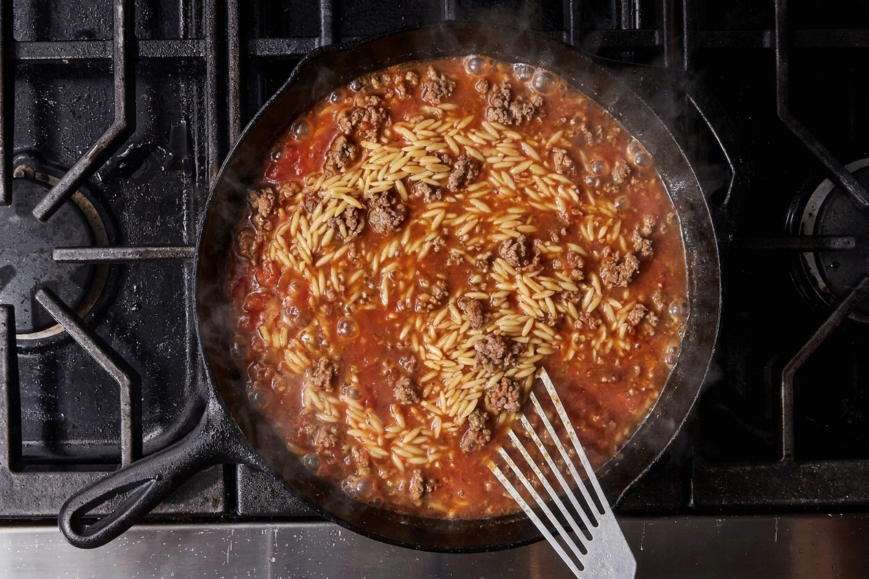 Orzo simmering in a tomato and broth mixture with browned ground beef in a deep skillet, bubbles visible around the edges