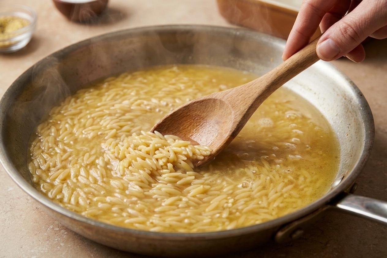 Orzo simmering in chicken broth in a skillet while a wooden spoon stirs, with gentle steam rising