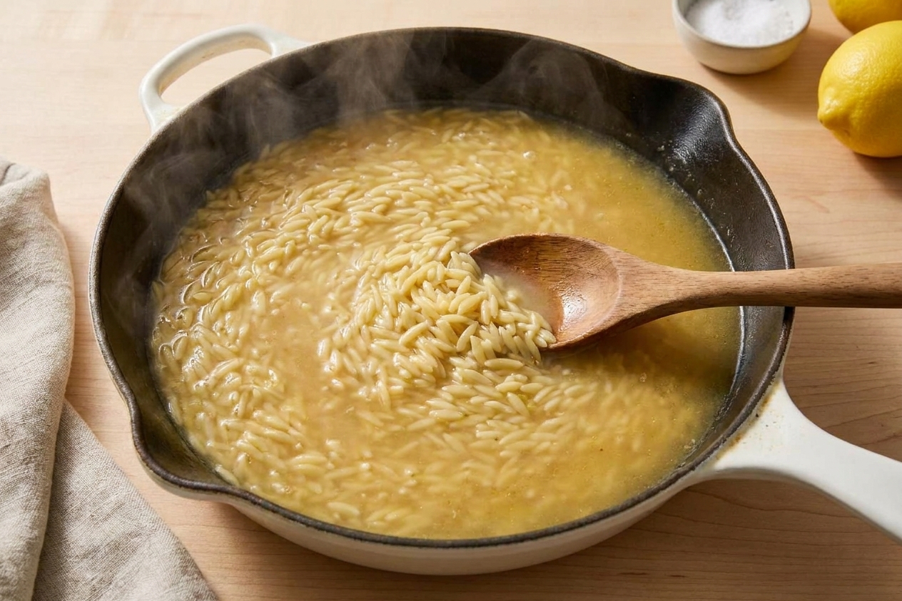 Orzo simmering in chicken broth in a skillet with a wooden spoon stirring, steam rising