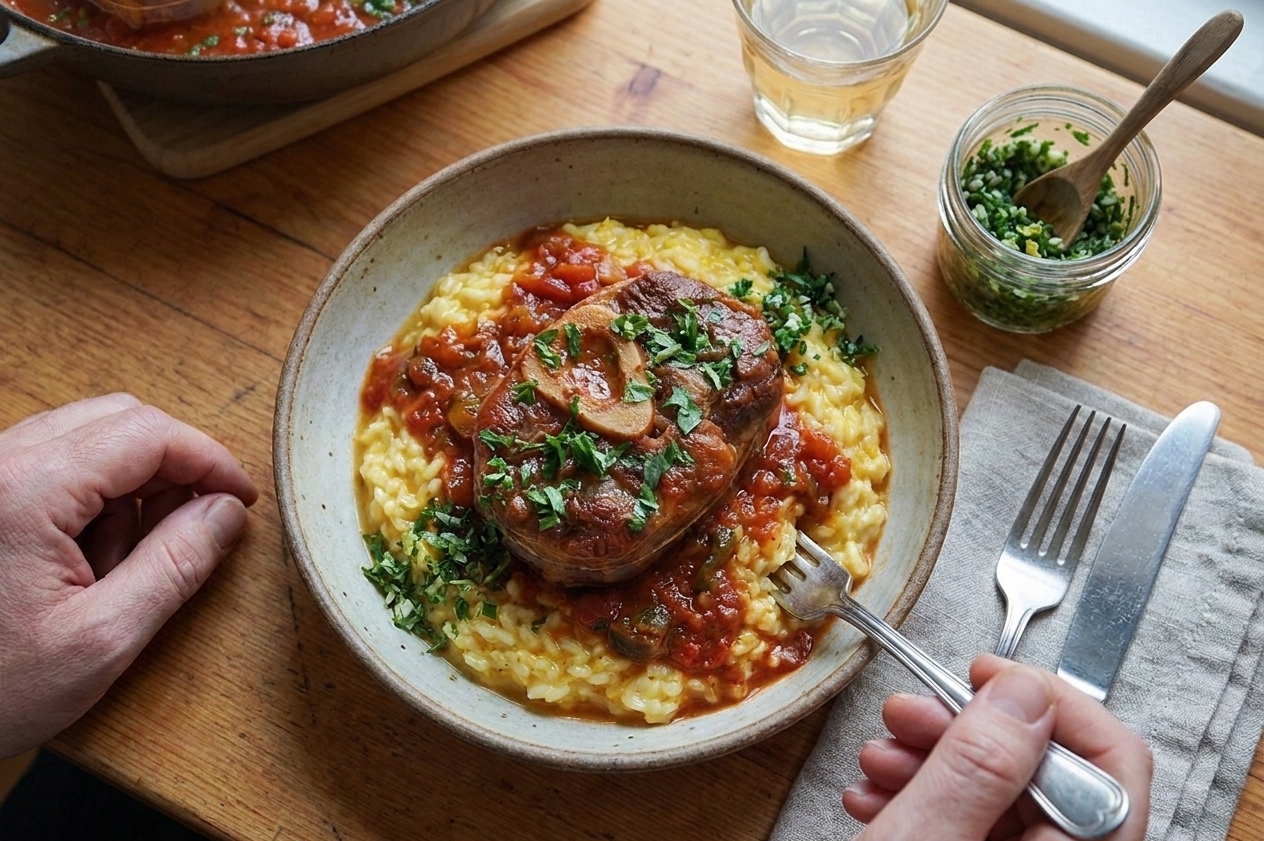Osso buco served over creamy risotto with sauce spooned on top and fresh gremolata scattered, set at a simple dinner table