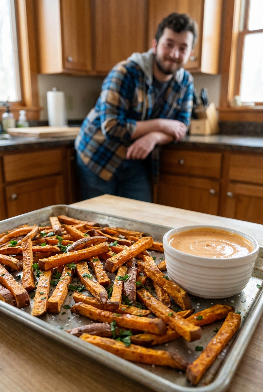 Oven baked sweet potato fries on a sheet pan with a small bowl of dipping sauce