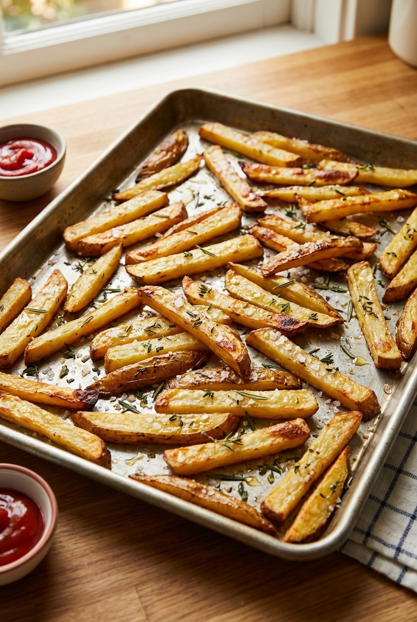 Oven fries on a sheet pan with flaky salt and herbs