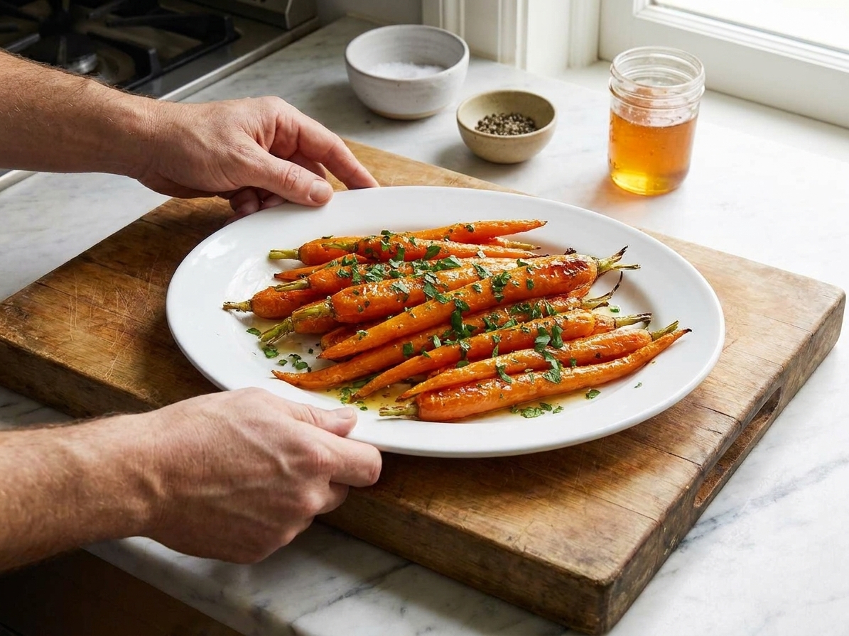 Oven roasted carrots piled on a white serving platter, glossy with honey garlic butter and sprinkled with chopped parsley on a wooden table