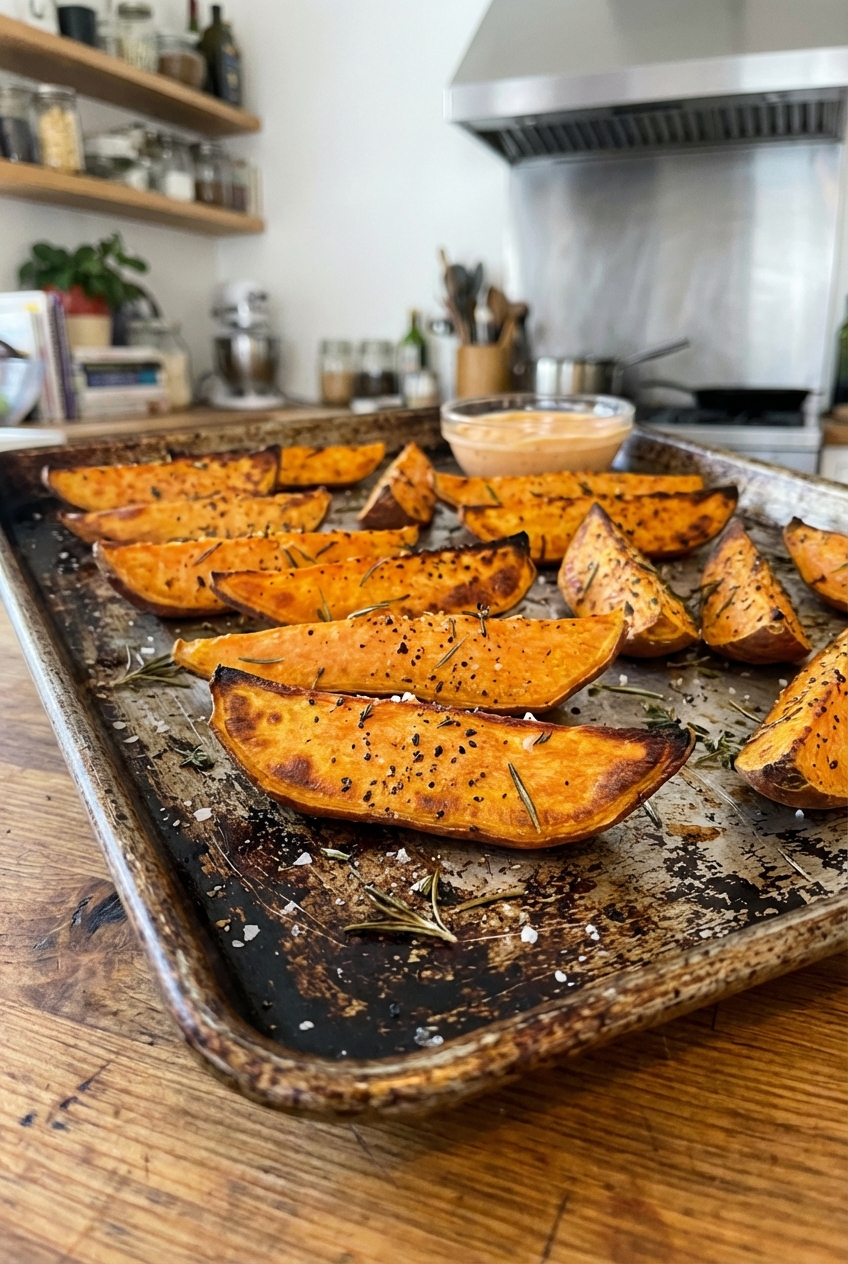 Oven roasted sweet potato wedges on a sheet pan