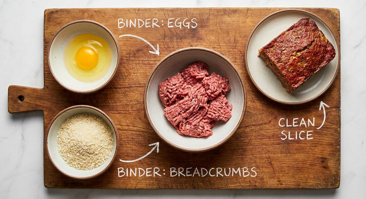 Overhead layout of eggs, breadcrumbs, and ground meat with arrows or labels indicating binders, alongside a slice holding together cleanly.