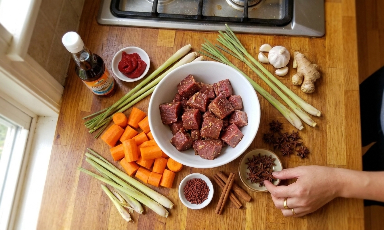 Overhead photo of bo kho ingredients on a light kitchen counter including beef chuck, carrots, lemongrass, garlic, ginger, tomato paste, fish sauce, star anise, and spices