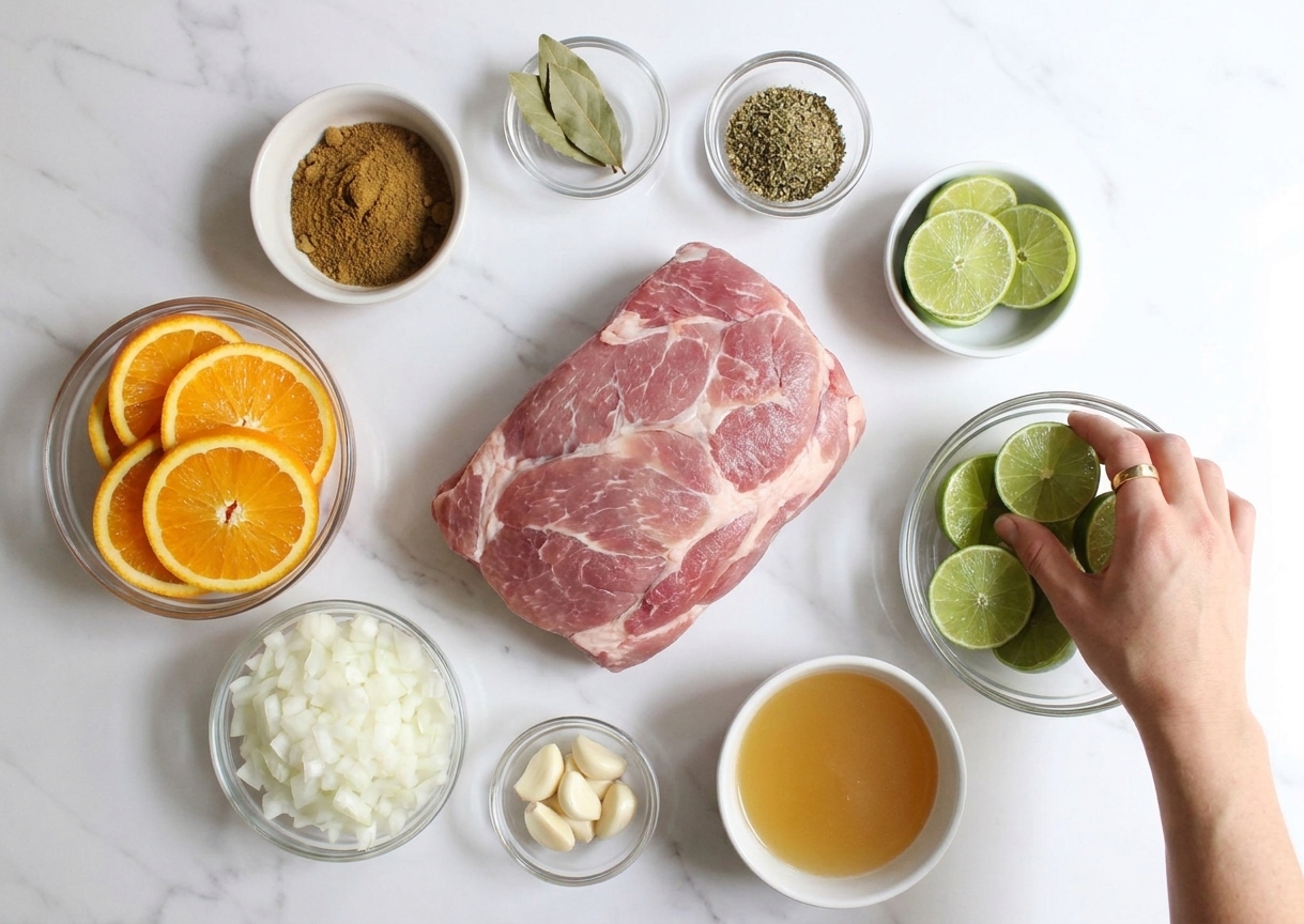 Overhead photo of carnitas ingredients on a kitchen counter including pork shoulder, oranges, limes, onion, garlic, cumin, oregano, bay leaves, and broth in small bowls