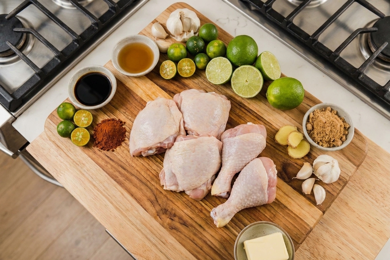 Overhead photo of chicken thighs and drumsticks surrounded by calamansi or limes, garlic, ginger, soy sauce, vinegar, achiote powder, brown sugar, and butter on a kitchen counter