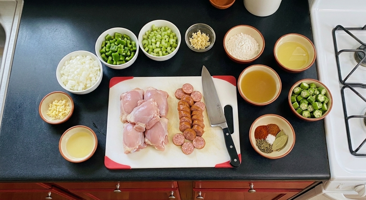 Overhead photo of gumbo ingredients arranged on a kitchen counter, including chicken thighs, andouille sausage, onions, bell pepper, celery, garlic, flour, oil, stock, okra, and spices in small bowls