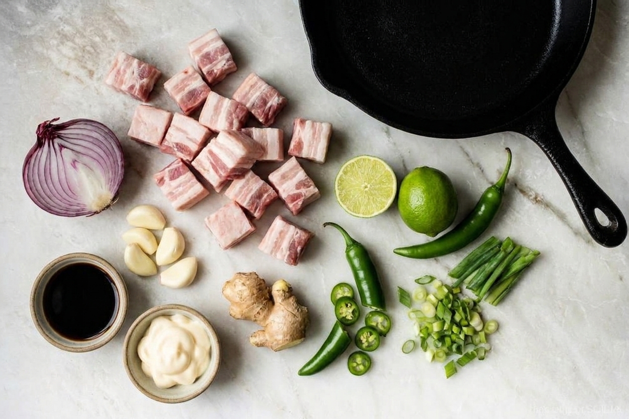 Overhead photo of pork belly cubes, red onion, garlic, ginger, soy sauce, mayonnaise, limes, green chiles, and scallions arranged on a light kitchen counter