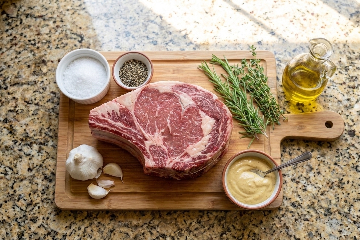 Overhead photo of prime rib roast ingredients on a kitchen counter: bone-in rib roast, kosher salt, black pepper, garlic, rosemary, thyme, olive oil, and a small bowl of Dijon mustard