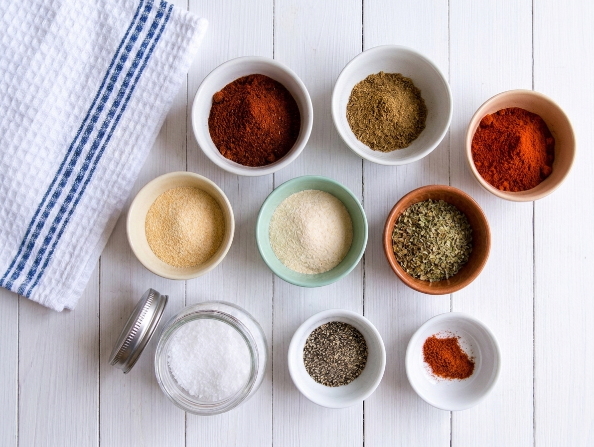Overhead photo of small bowls of chili powder, cumin, paprika, garlic powder, onion powder, oregano, salt, pepper, and a pinch of cayenne on a warm kitchen counter with a small empty jar nearby