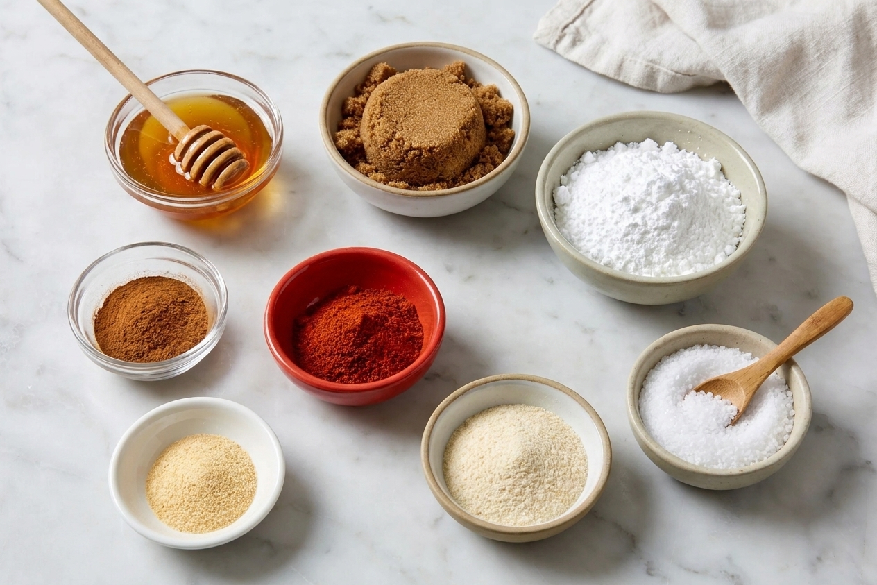 Overhead view of honey, brown sugar, powdered sugar, cinnamon, paprika, garlic powder, onion powder, and salt measured in small bowls on a light kitchen counter