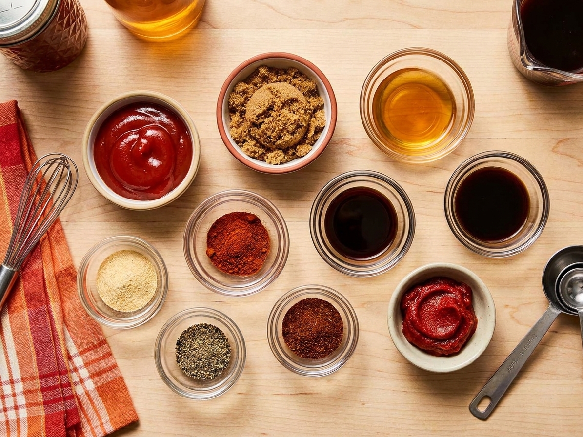 Overhead view of ketchup, brown sugar, apple cider vinegar, Worcestershire sauce, spices, and tomato paste measured out in small bowls on a kitchen counter
