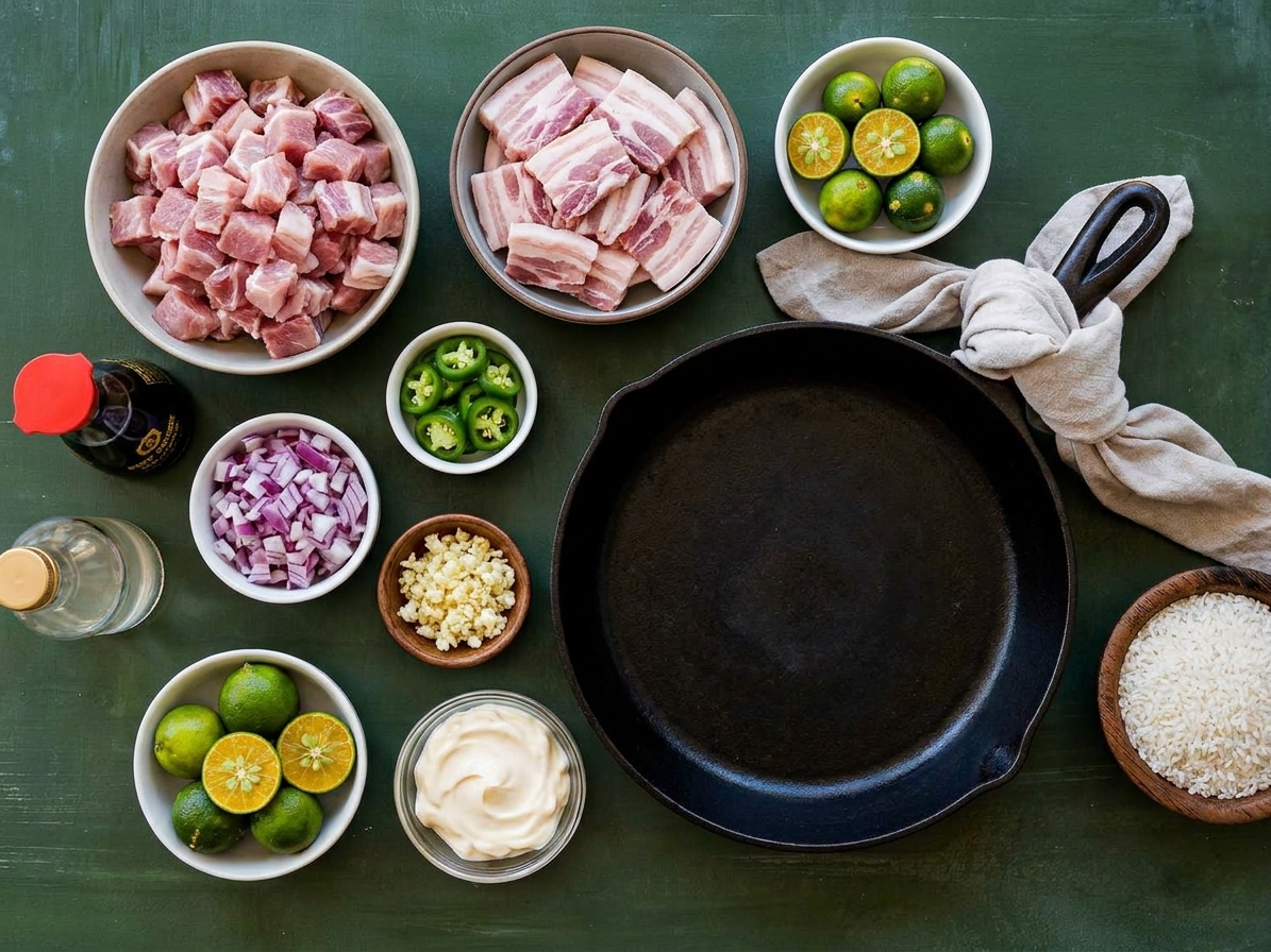 Overhead view of sisig ingredients on a kitchen counter including diced pork shoulder, sliced pork belly, red onion, jalapenos, garlic, soy sauce, vinegar, calamansi or limes, mayonnaise, and a cast iron skillet nearby