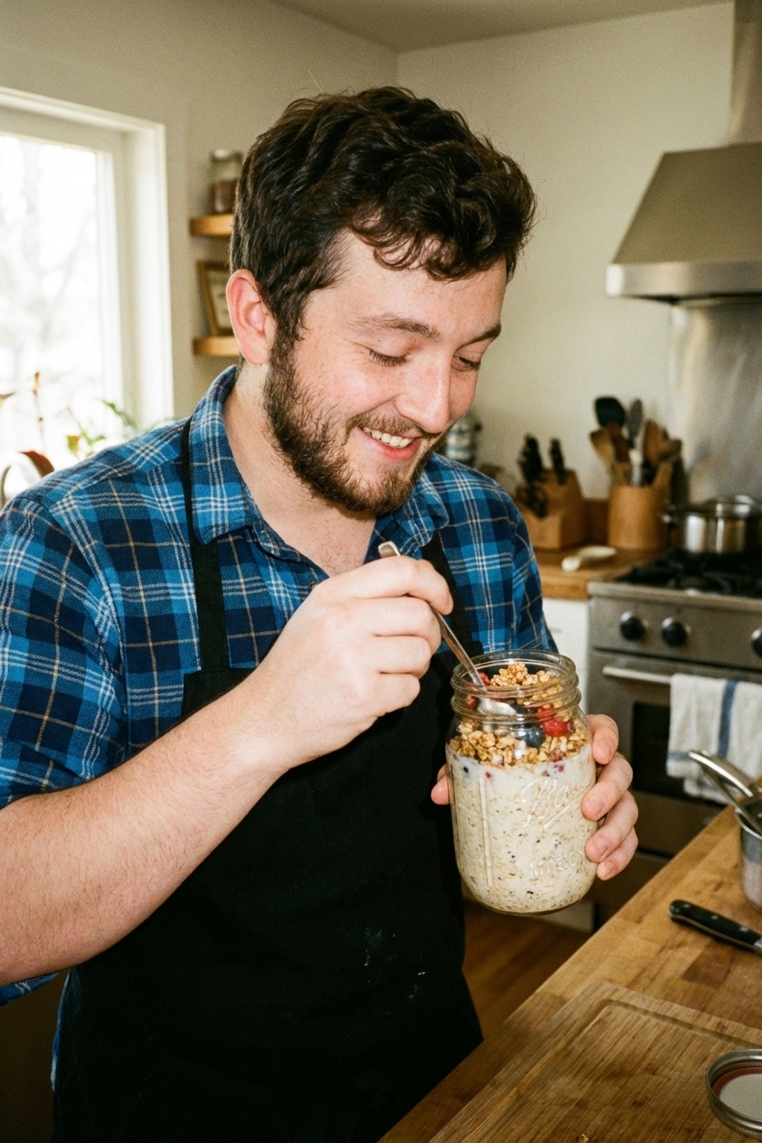 Overnight oats in a glass jar with a spoon and a sprinkle of granola