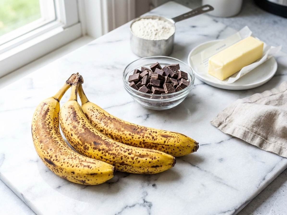 Overripe bananas, a bowl of chocolate chips, flour, and butter arranged on a clean kitchen counter in natural light