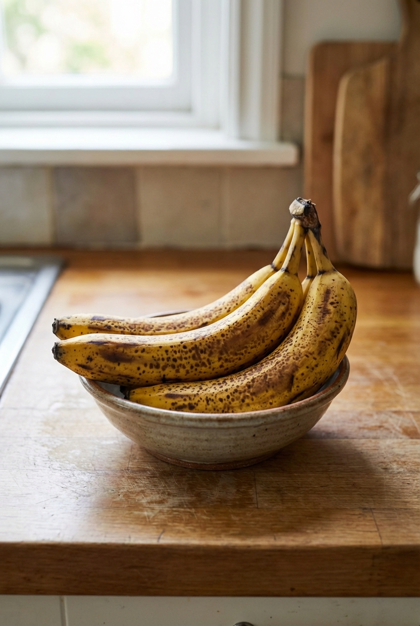 Overripe bananas with dark speckles in a small bowl on a kitchen counter
