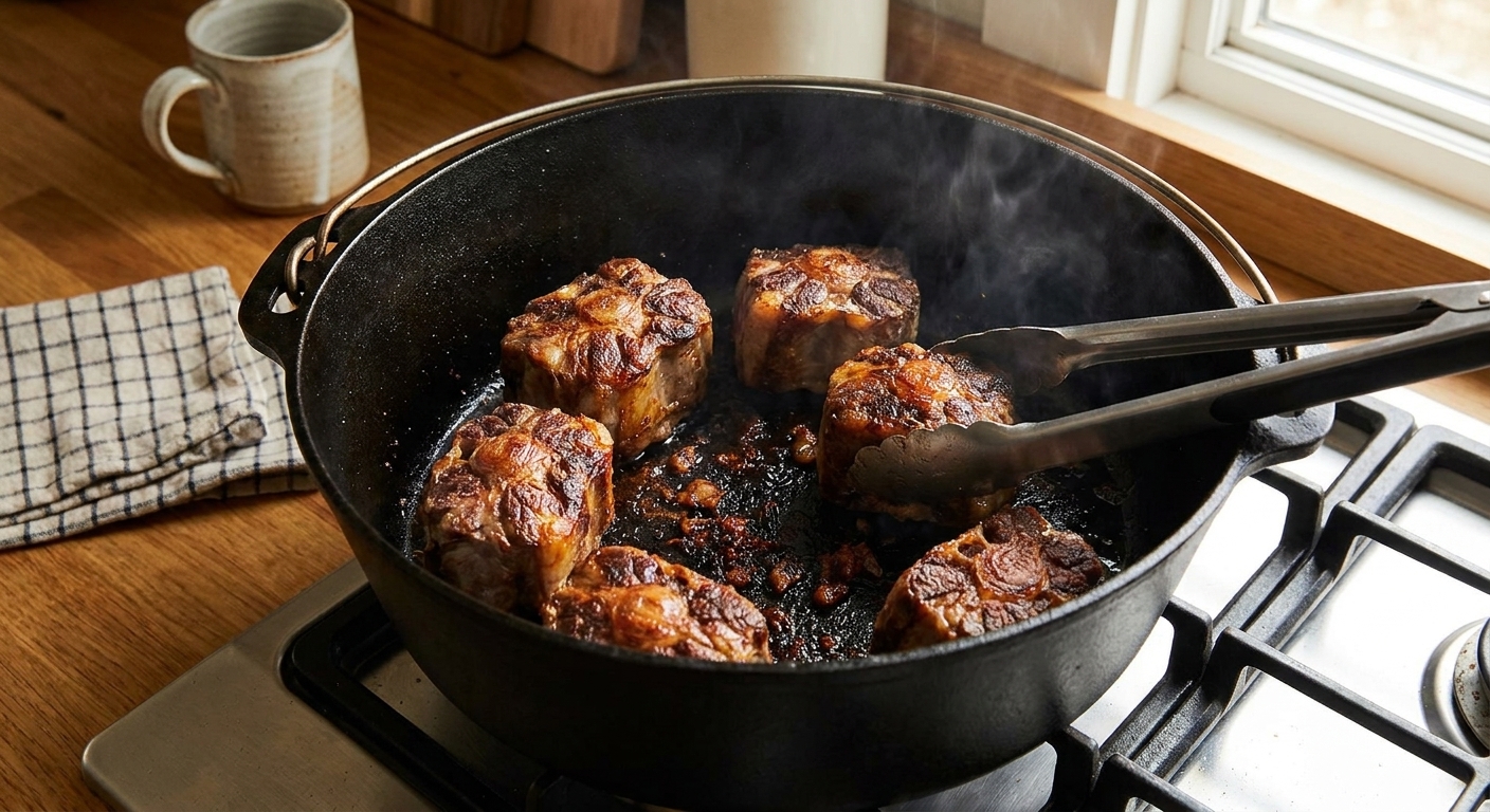 Oxtail pieces browned in a heavy pot with caramelized bits on the bottom, ready for braising