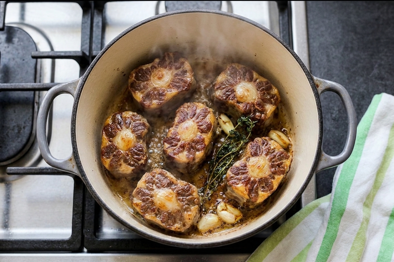 Oxtail pieces browning in a Dutch oven with a golden crust forming on the edges on a stovetop