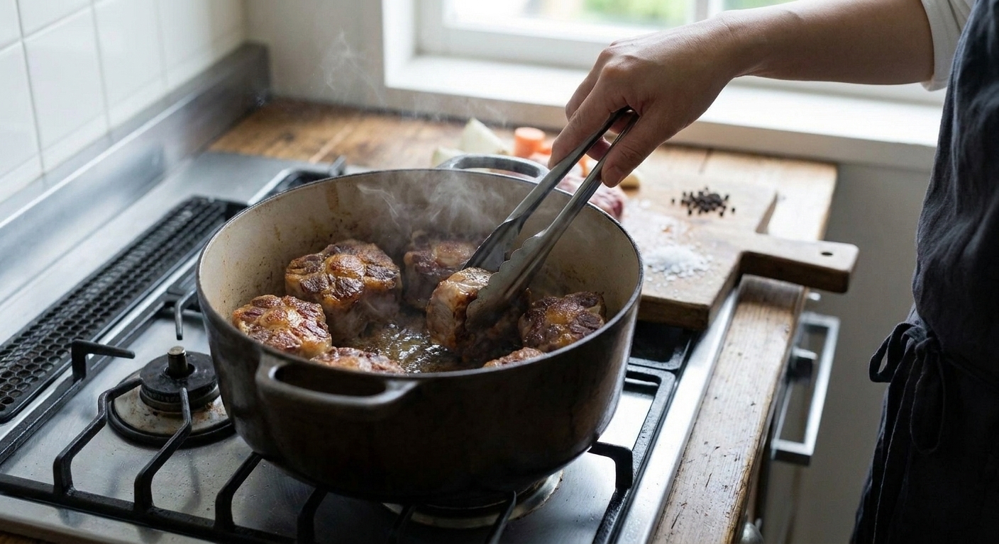 Oxtail pieces browning in a Dutch oven with a golden crust forming, seen on a stovetop under warm kitchen lighting