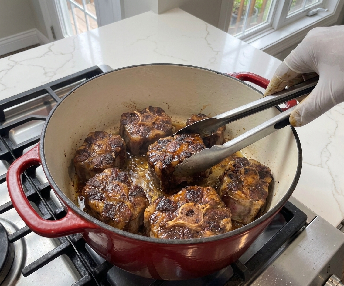 Oxtail pieces browning in a heavy Dutch oven on a stovetop with visible caramelized edges