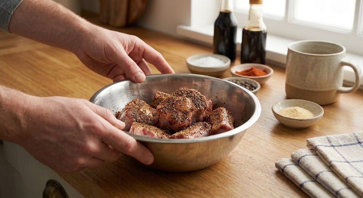 Oxtail pieces coated in dark seasoning in a stainless steel mixing bowl on a kitchen counter