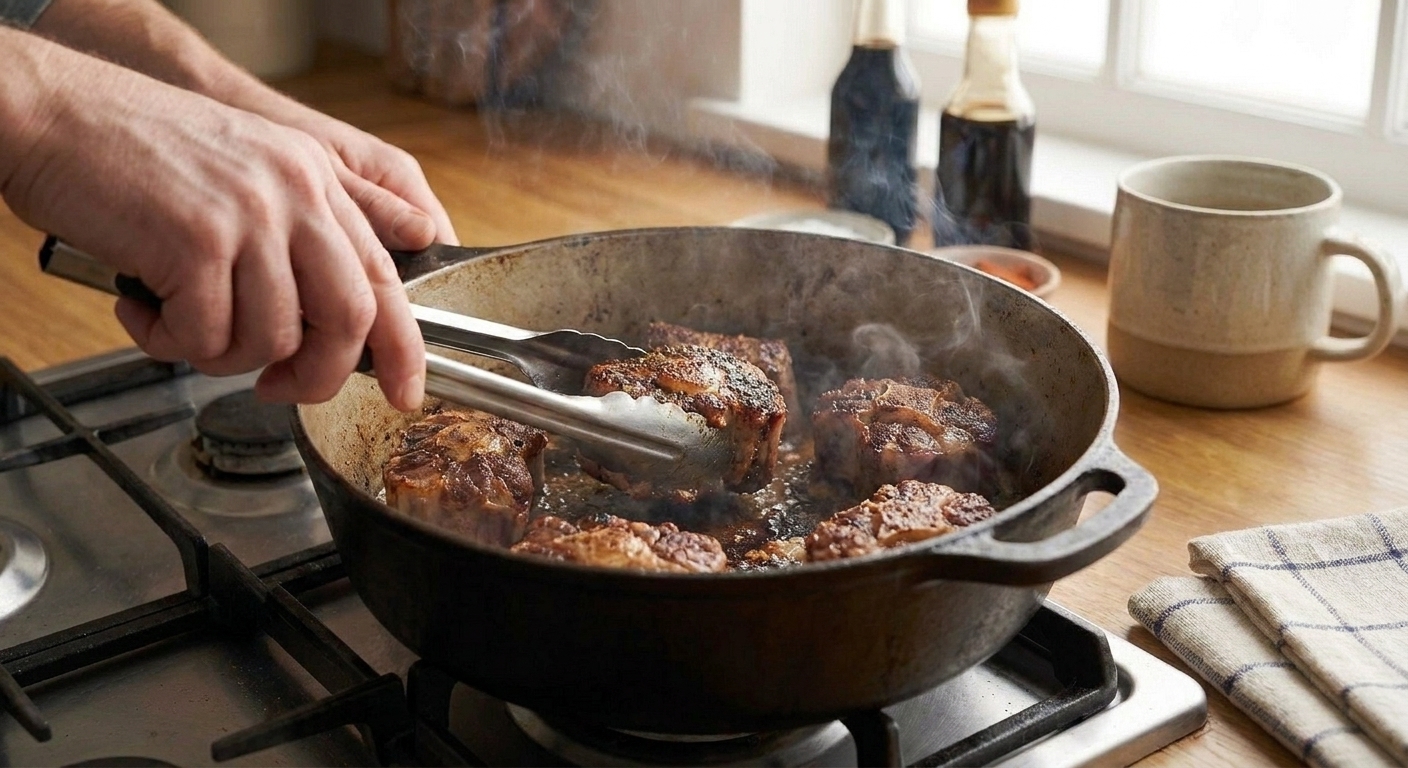 Oxtail pieces searing in a heavy pot on a stovetop with browned edges forming