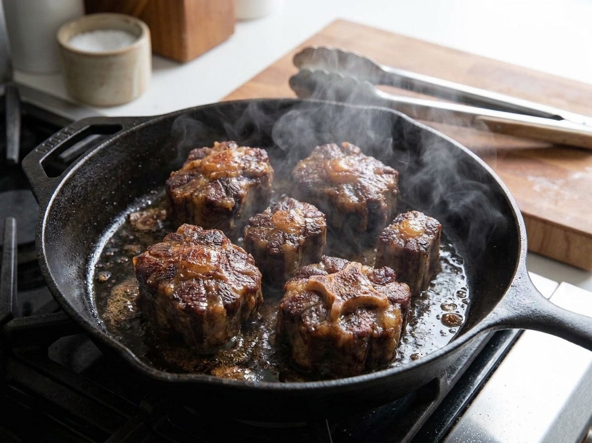 Oxtail pieces searing in a hot cast iron skillet with browned edges, with tongs resting on the pan handle and steam rising