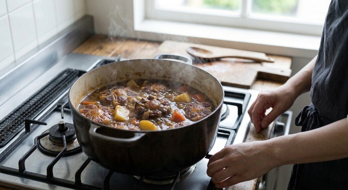 Oxtail stew gently simmering in a Dutch oven with potatoes and carrots visible in a thick brown gravy