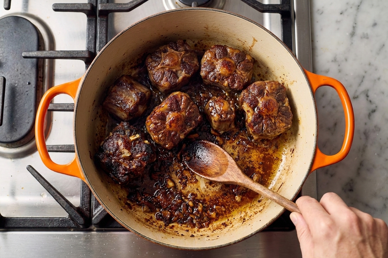 Oxtails browning in a Dutch oven with caramelized bits forming on the bottom of the pot