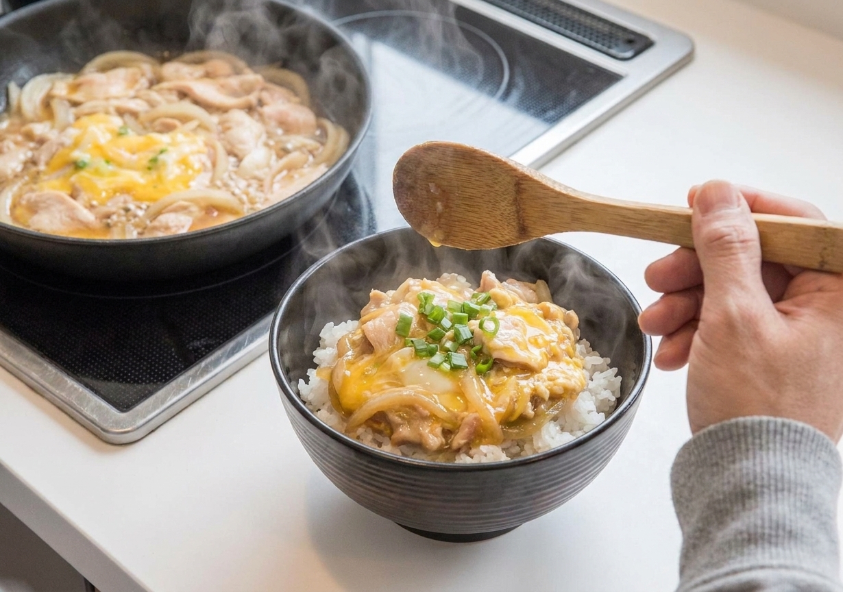 Oyakodon spooned from a skillet onto bowls of steaming white rice, finished with sliced scallions