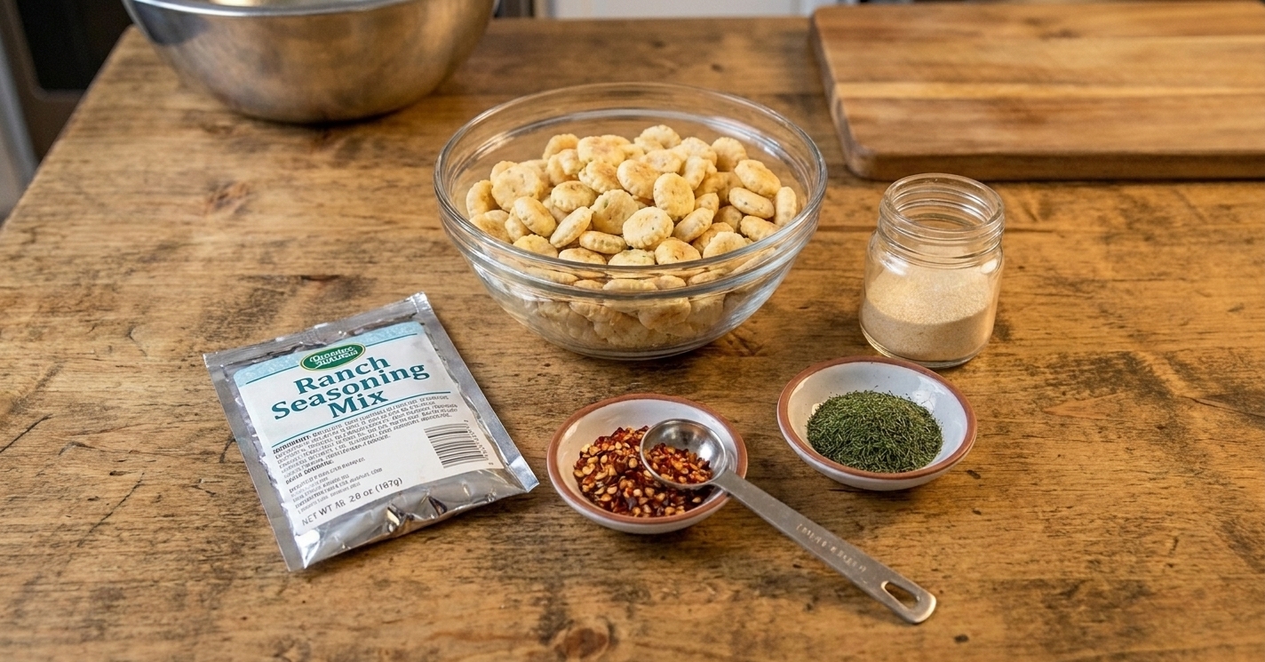 Oyster crackers, a packet of ranch seasoning, crushed red pepper, dried dill, and garlic powder arranged on a clean kitchen counter