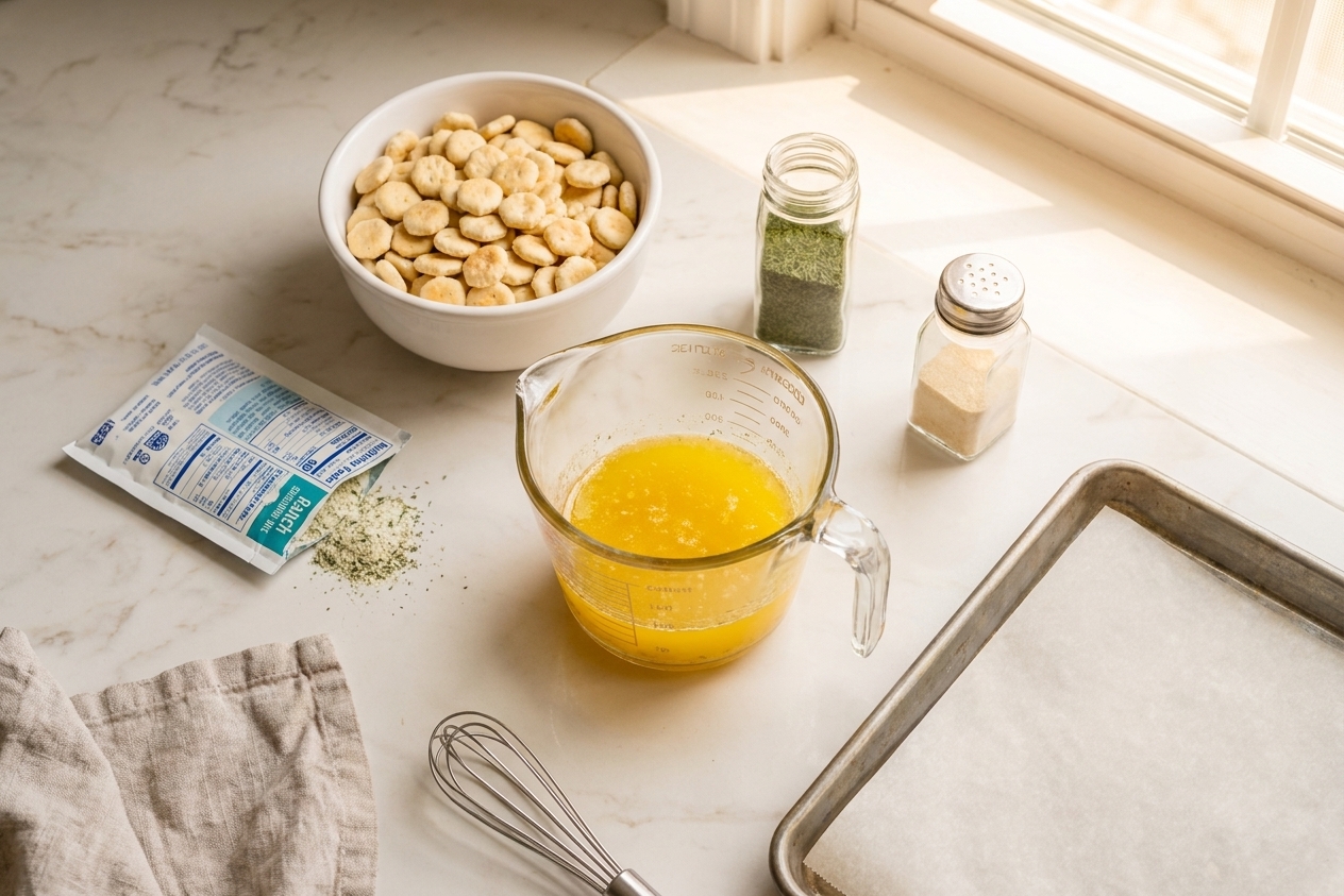 Oyster crackers, a packet of ranch seasoning, dried dill, garlic powder, melted butter, and a baking sheet arranged on a clean kitchen counter in warm light