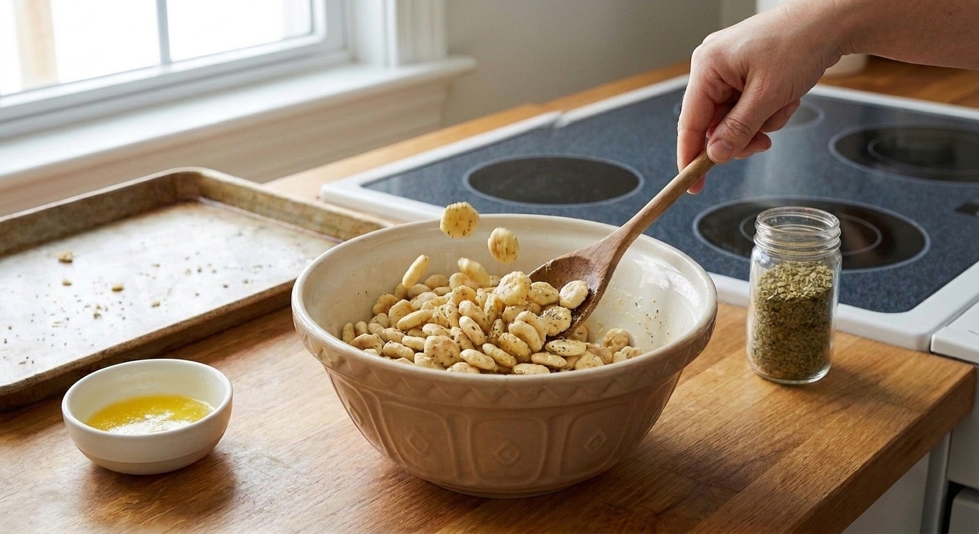 Oyster crackers being tossed with seasoned melted butter in a large mixing bowl on a kitchen counter