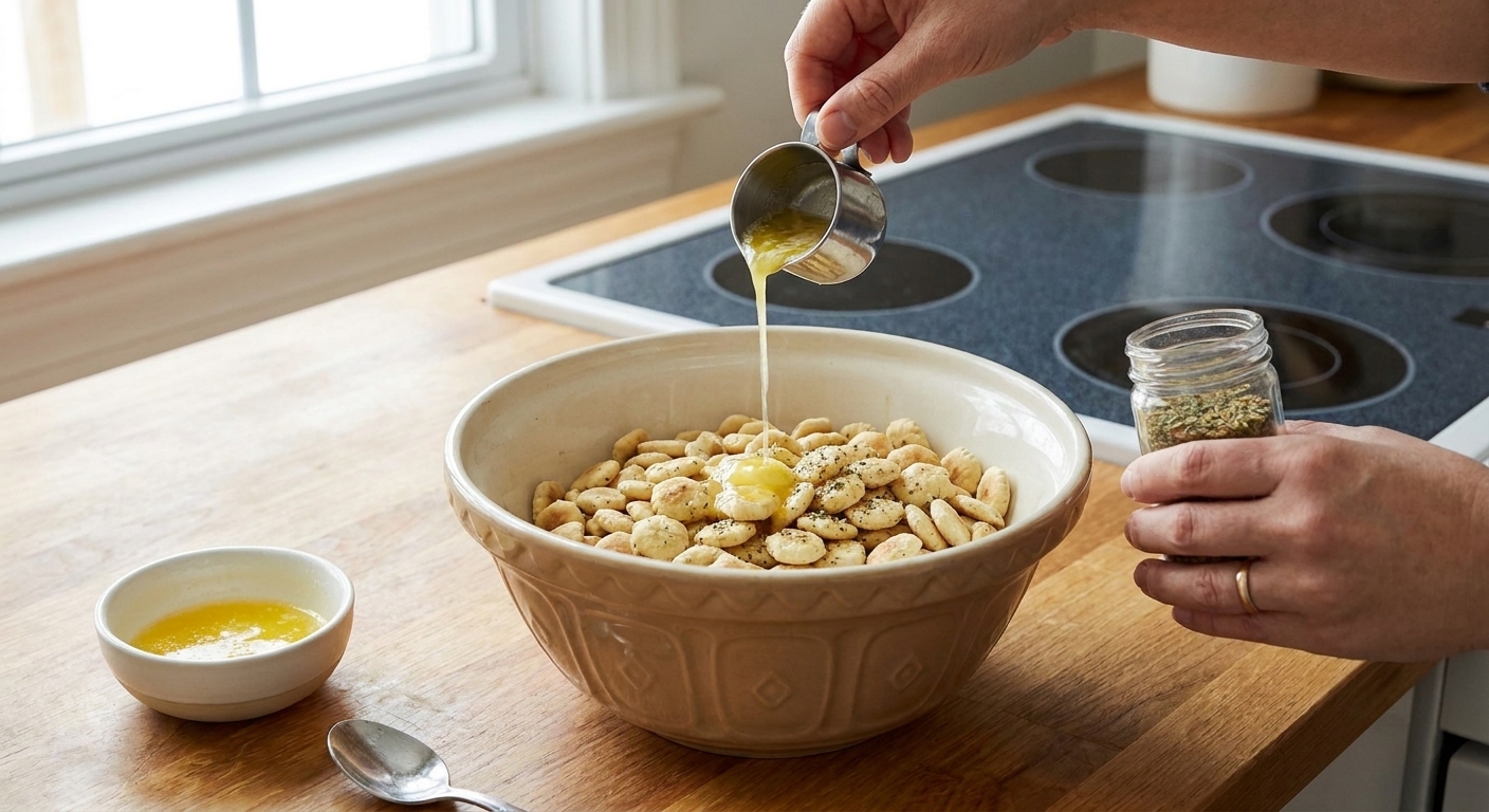 Oyster crackers in a mixing bowl being drizzled with melted butter and sprinkled with seasoning on a kitchen counter