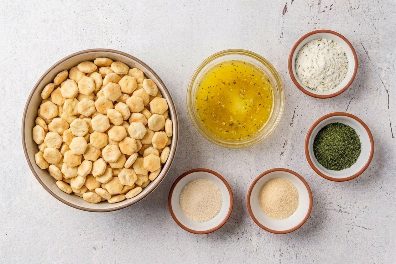 Oyster crackers, ranch seasoning mix, dried dill, garlic powder, onion powder, and a small bowl of melted butter on a light kitchen counter