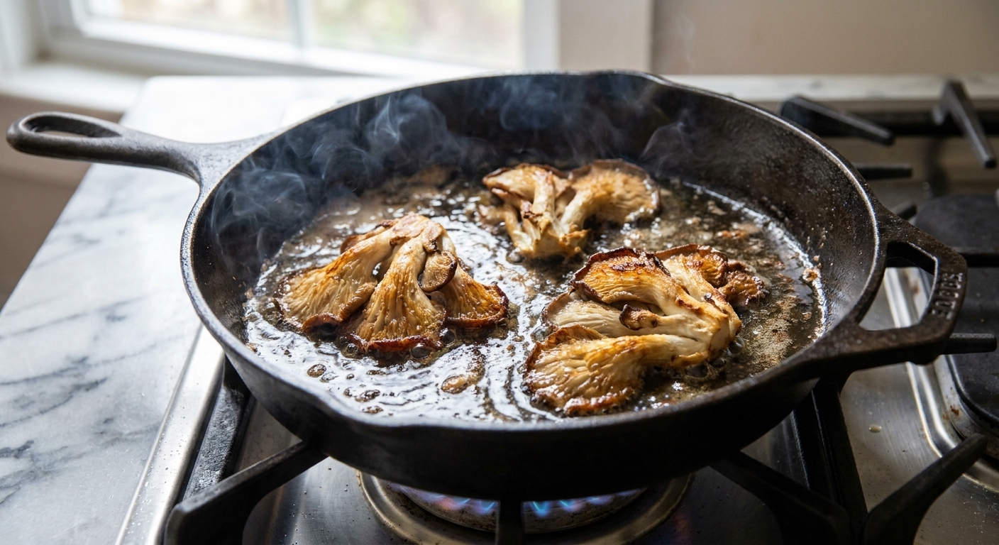 Oyster mushroom clusters sizzling in hot oil in a cast iron skillet on a stovetop, edges turning golden and crisp
