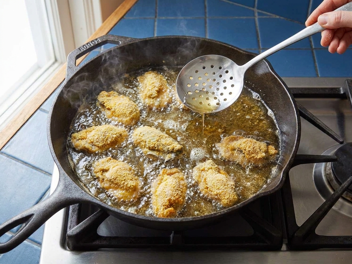Oysters frying in bubbling oil in a skillet on a stovetop with a slotted spoon hovering above